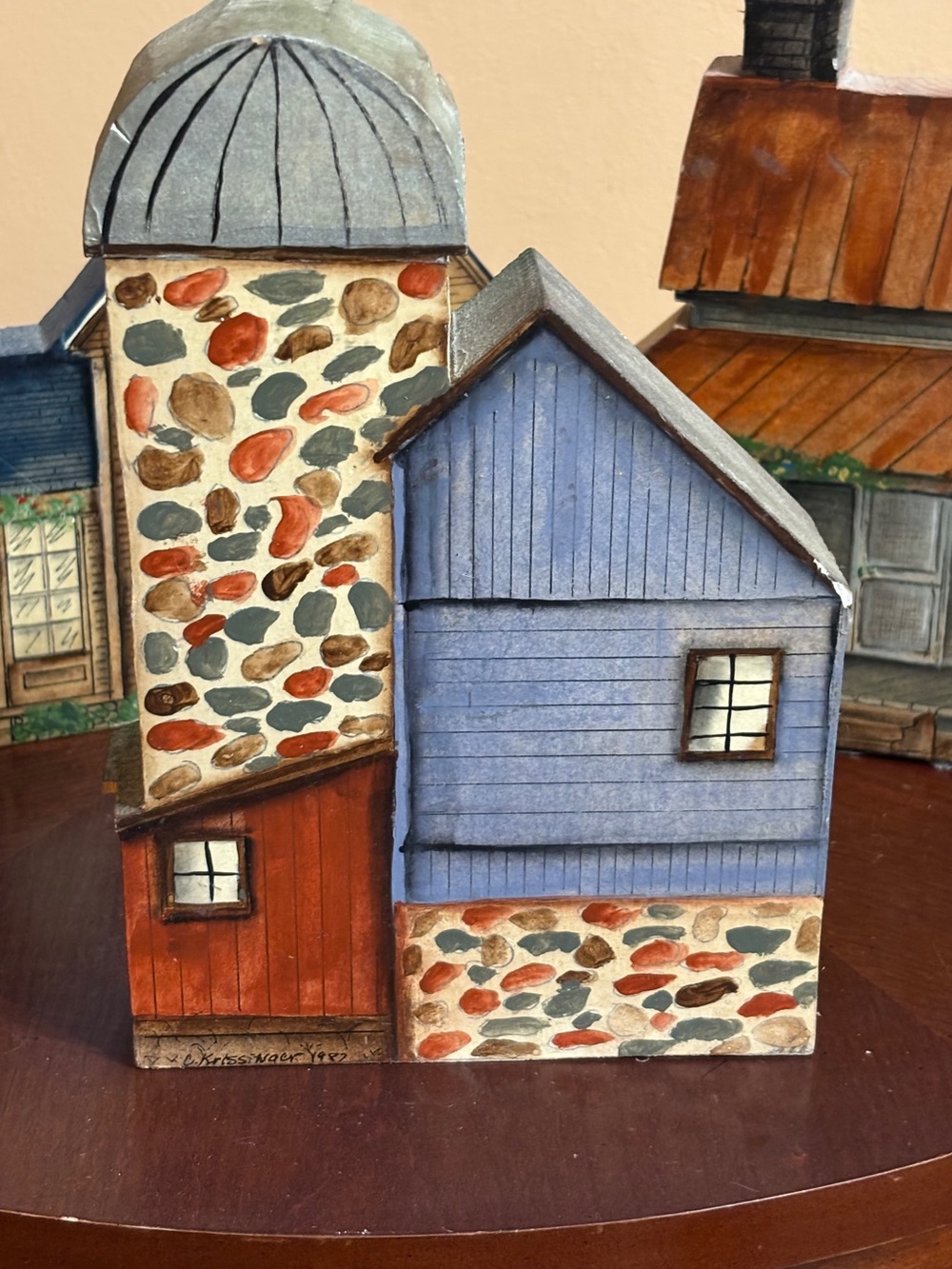 Handmade Folk Art Wooden House Sculpture in Blue & Rust